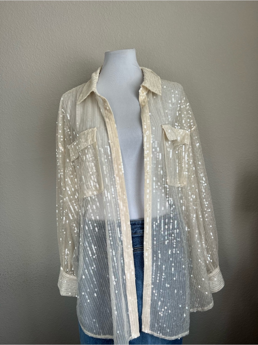 Jeannie Mai x INC Sequin Cream Sheer Button-Up Shirt - Picture 3 of 8